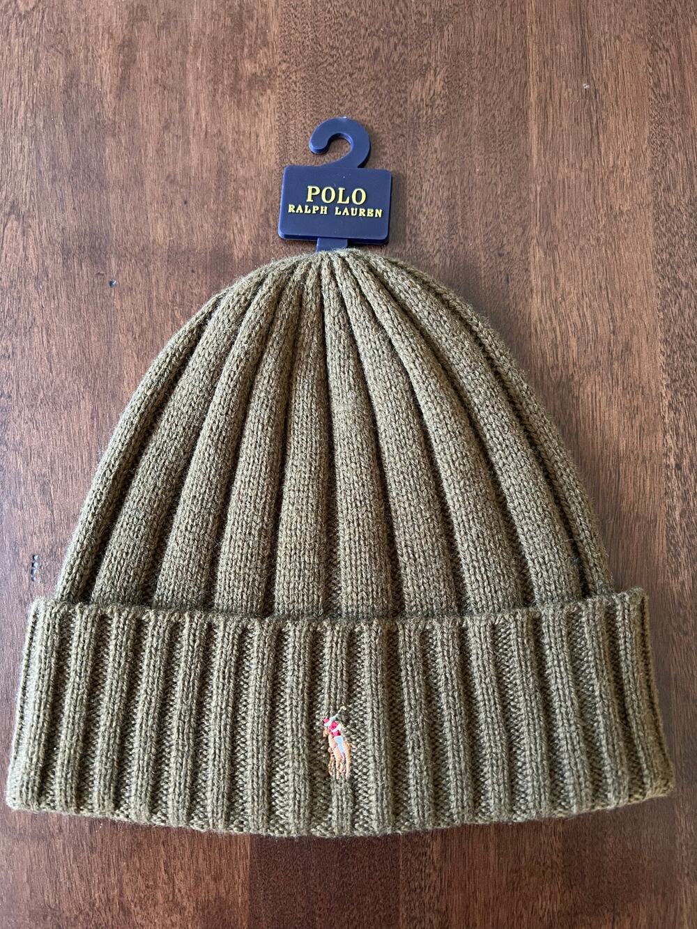 Polo Ralph Lauren Beanie Mens Army Green Flesh Pony Wool Blend Rib Knit Cuff NEW
